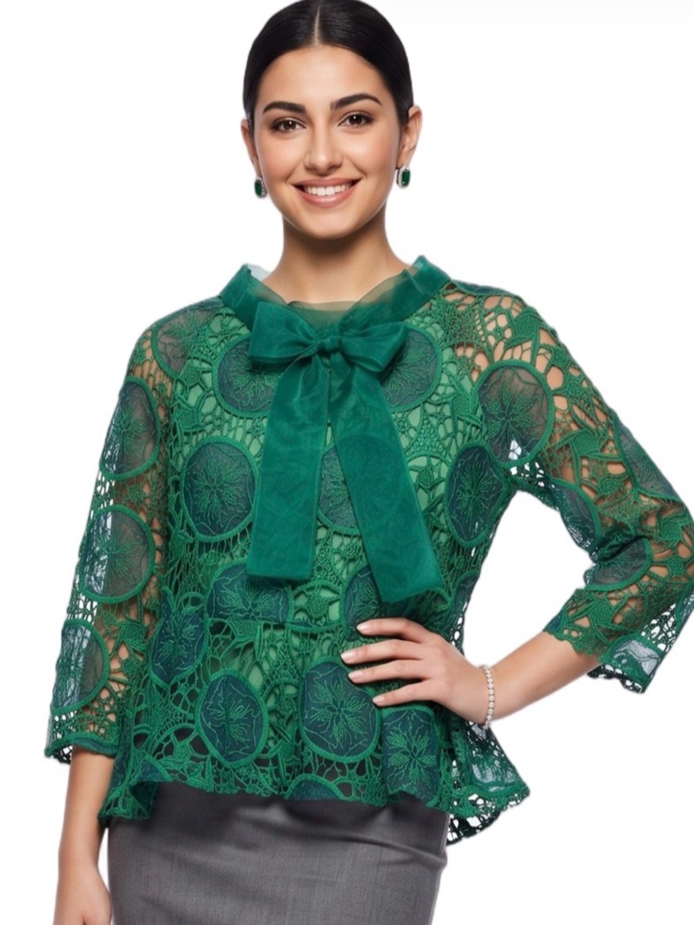MISSLOOK Emerald Green Lace BoatNeck Long sleeve Top A Line Bow Swingy MED - Picture 14 of 15